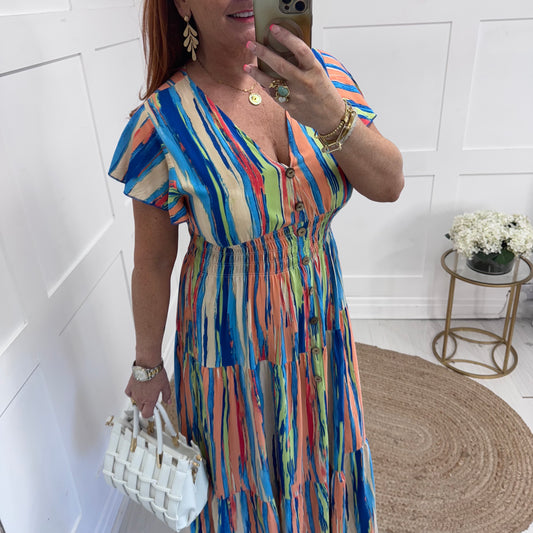 Charley: Multi stripe V neck stretchy maxi dress. One size: 10-20