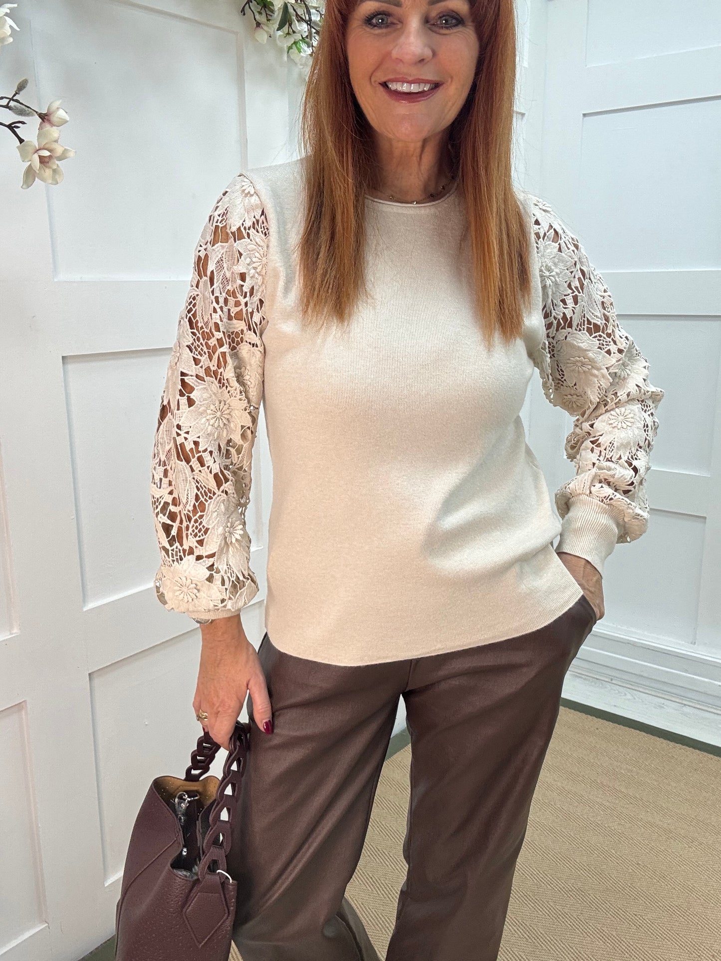 Gemma: Cream crochet balloon sleeve top. One size 12-16