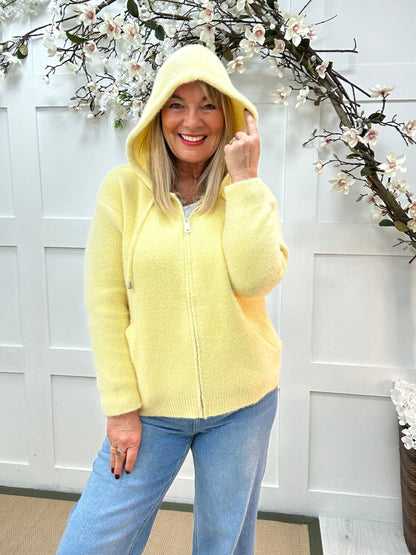 Teddi: Lemon soft knit zip up hooded top. 2 sizes.