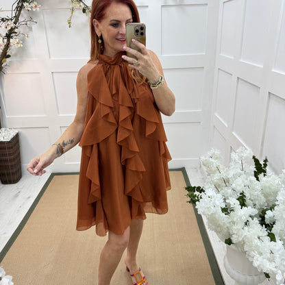 Kiki: Orange ruffle knee length dress. One size 10-16