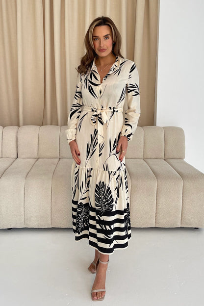 Tiana: Cream & black printed midi dress. Sizes: 12-18