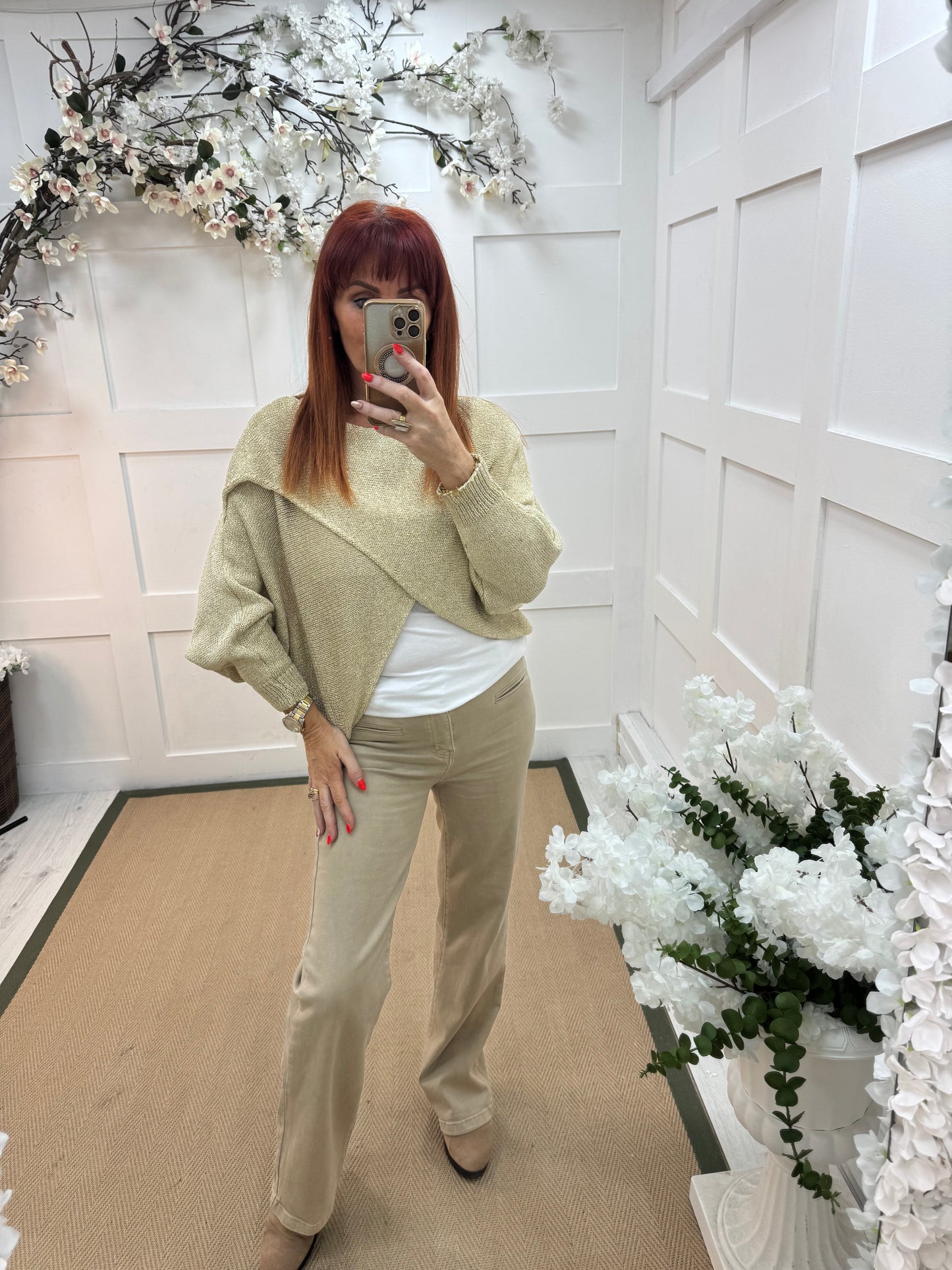 Aurora: Gold stretchy lurex wrap top. One size: 10-18