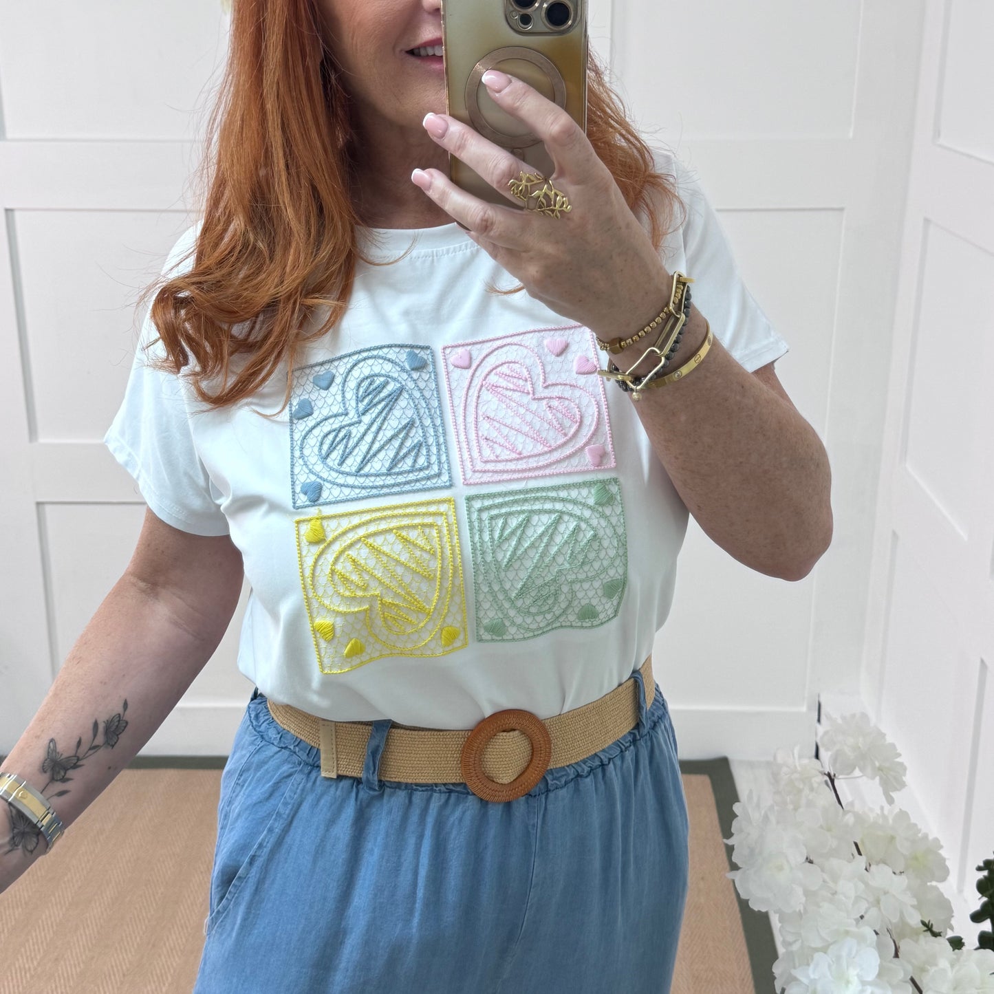 Sophie: White embroidered blue heart T shirt. One size 14-18