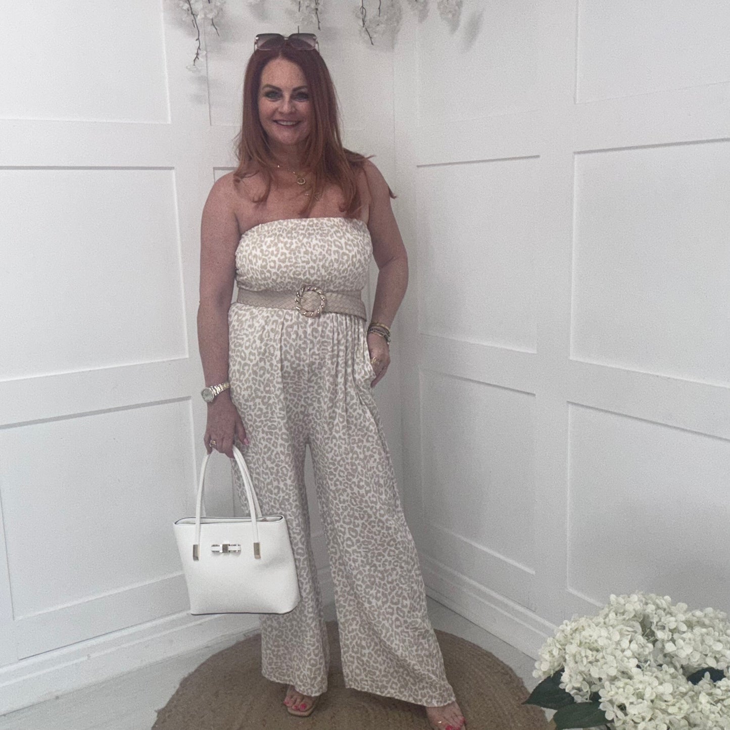 Hollie: Stone leopard print wide leg jumpsuit. One size: 12-18
