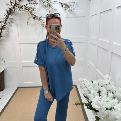 Tasha: Blue & gold button loungewear set. 2 sizes