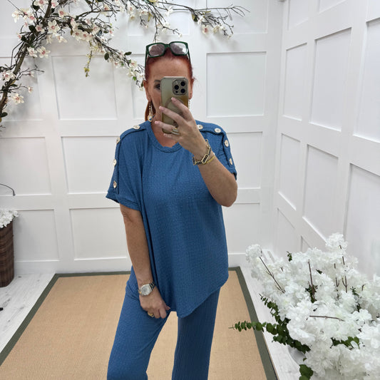 Tasha: Blue & gold button loungewear set. 2 sizes