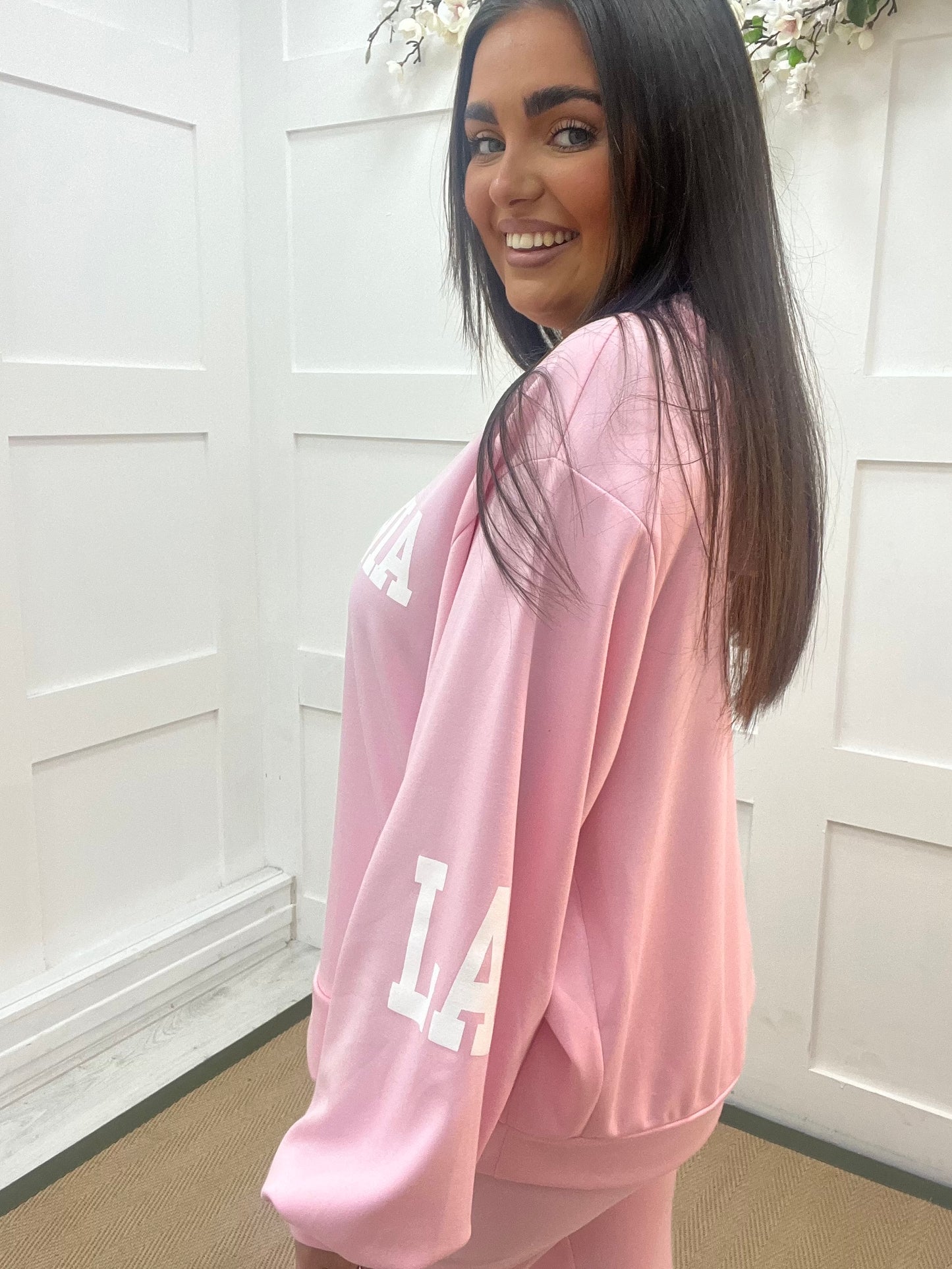 Kelani: Pink California 2 piece loungewear set. One size: 10-16