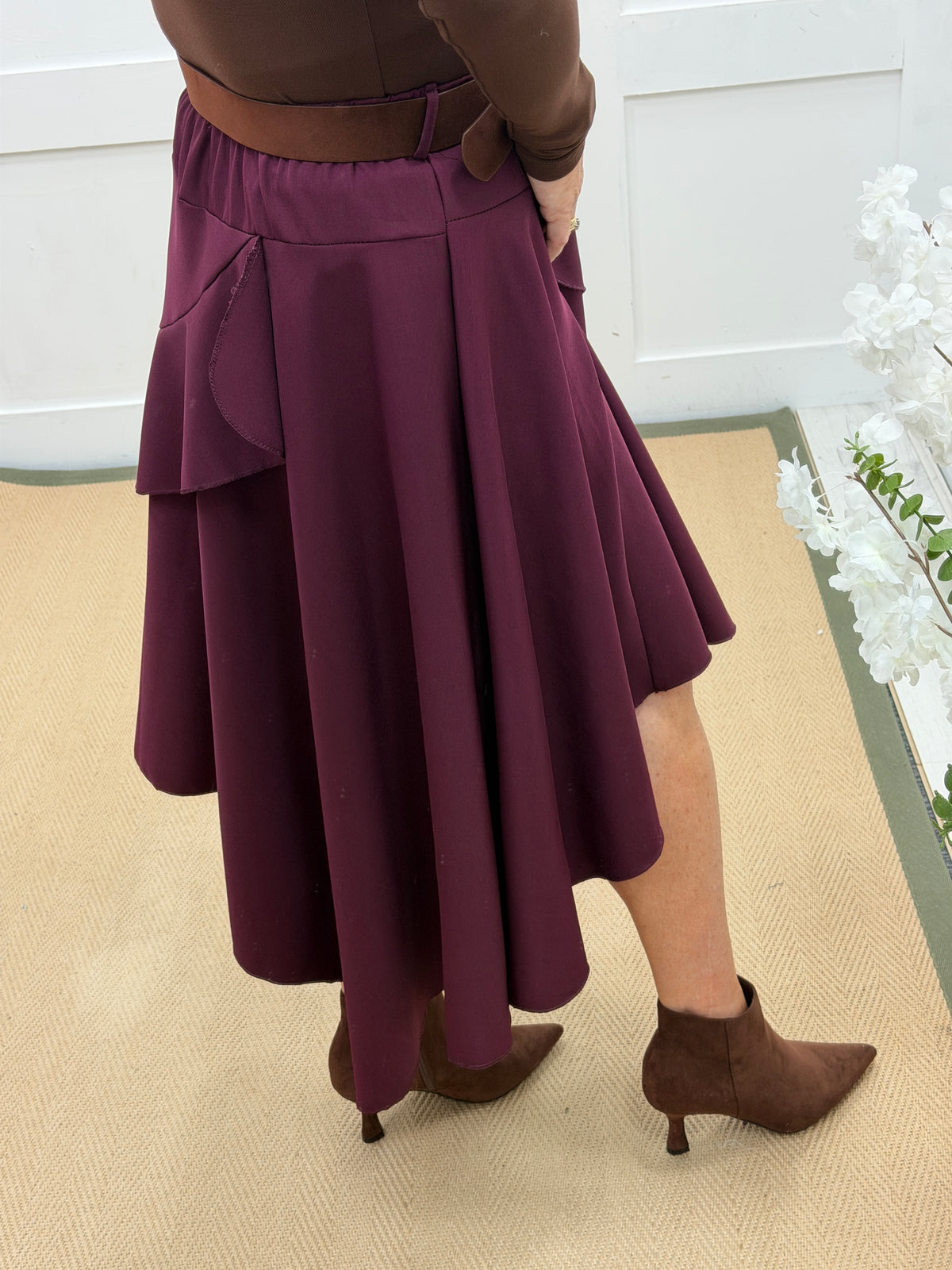 Sabrina: Asymmetrical layered belted midi skirt. One size: 10-16. 3 colours