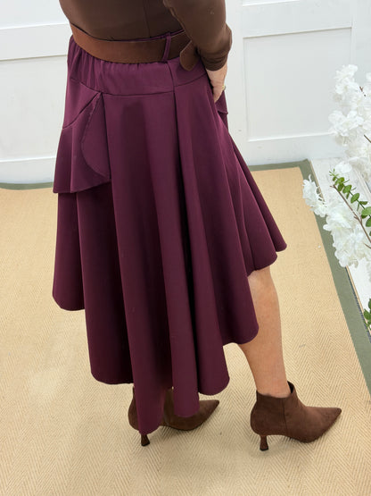 Sabrina: Asymmetrical layered belted midi skirt. One size: 10-16. 3 colours