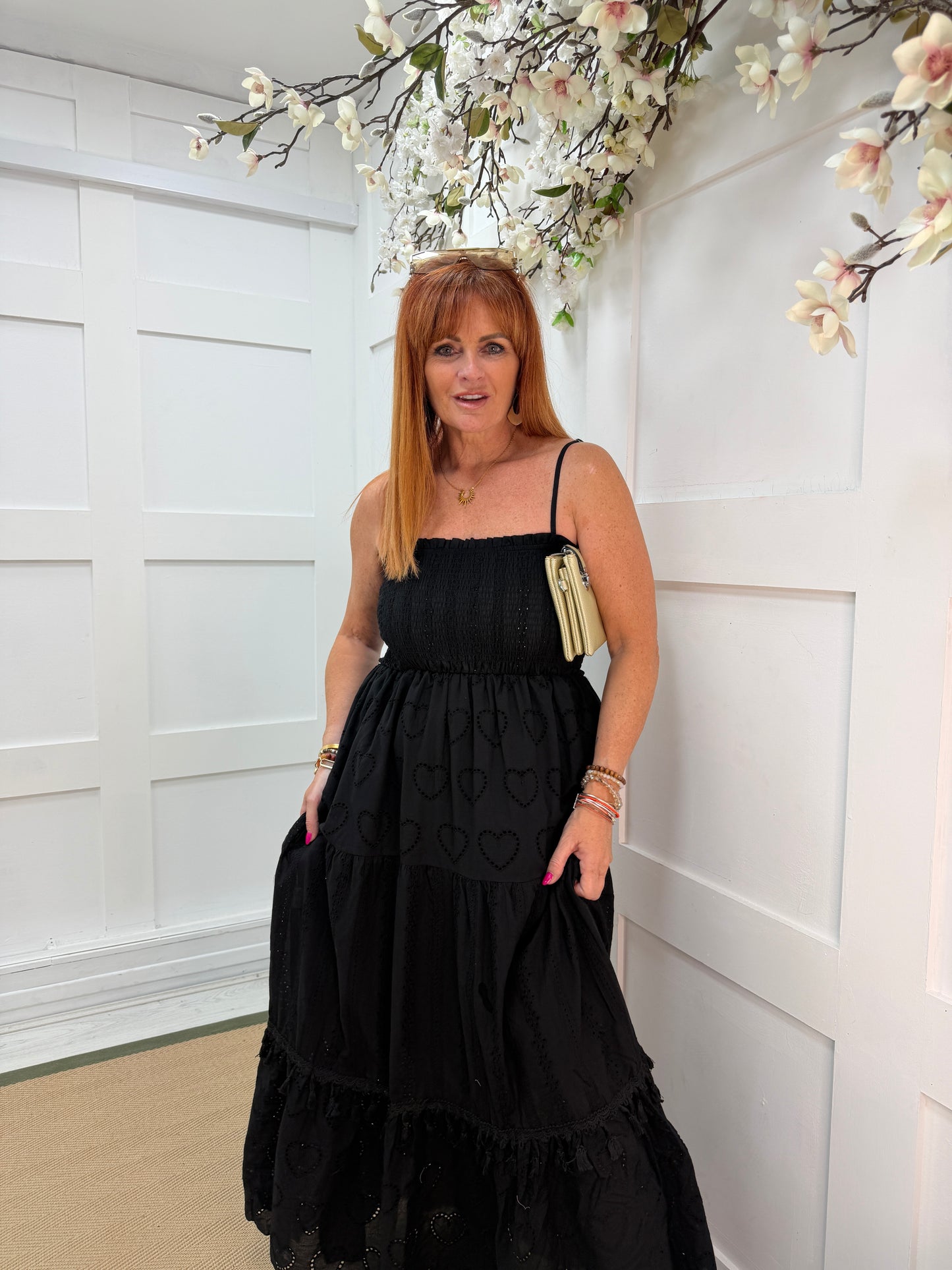 Bobbi: Broderie Anglaise strappy midi dress. One size: 10-16. 2 colours