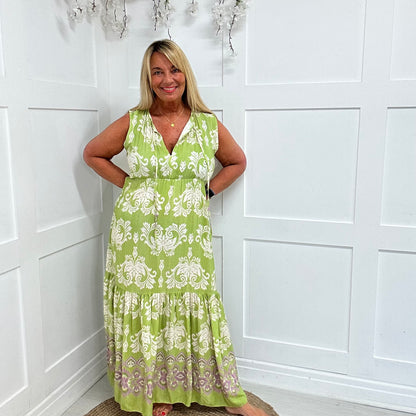 Danni: Lime & cream V neck maxi dress. One size: 12-18