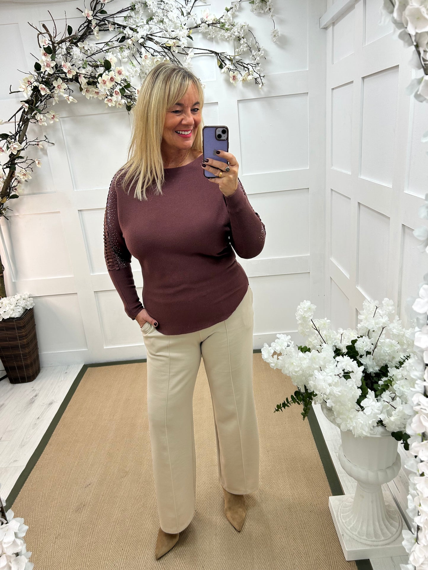 Arianne: Brown sparkle cutout shoulder top. One size: 12-16