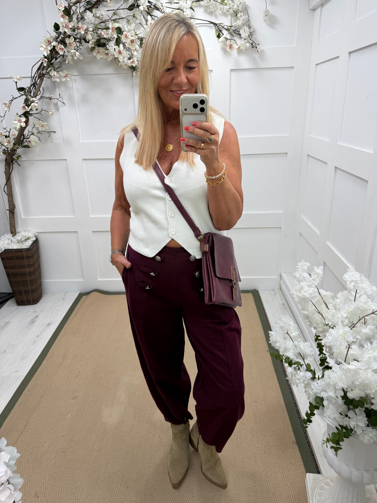 Mimi: Stretchy military button barrel trousers. One size 12-16