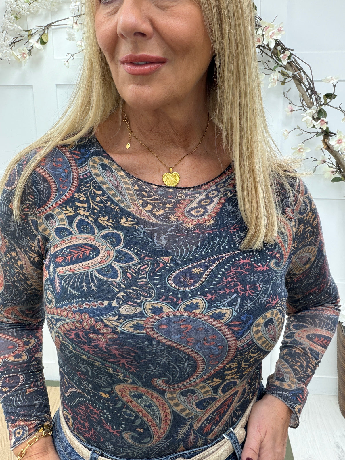 Martha: Multicoloured paisley print sheer mesh top. 10-18