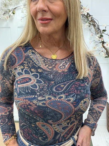 Martha: Multicoloured paisley print sheer mesh top. 10-18