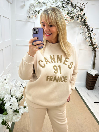 Chloe: Cream Cannes 2 piece loungewear set. One size: 14-18