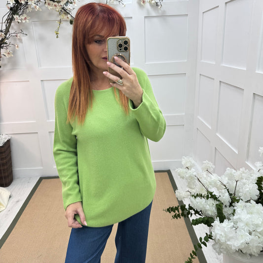 Mindy: Lime plain long sleeve knit top. One size: 10-16/18