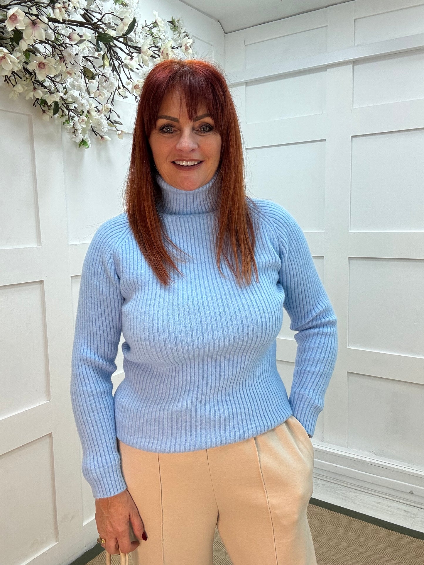 Elsie: Baby blue polo neck knit. One size: 12-16