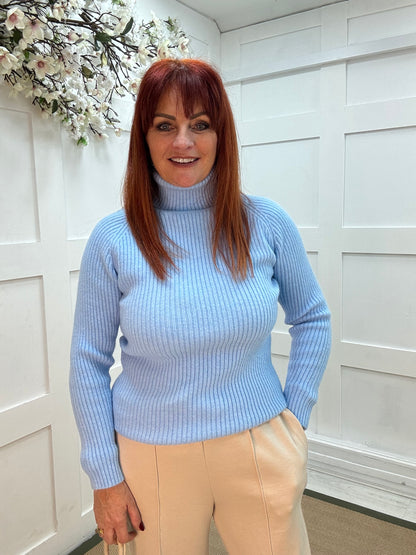Elsie: Baby blue polo neck knit. One size: 12-16