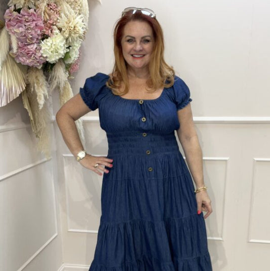 Remi: Cotton denim bardot midi dress. One Size 10-22