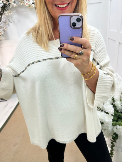 Indra: Cream oversized diamanté stripe top. One size: Free size