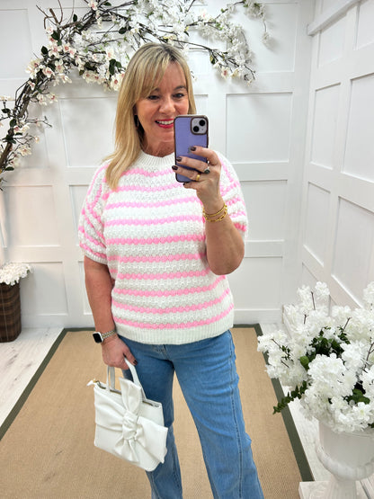 Cindy: Pink & white knitted top. One size: 12-16