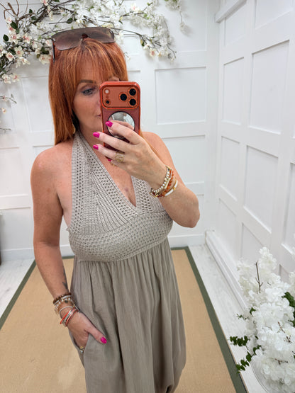 Candy: Crochet halter neck balloon leg jumpsuit. One size: 8-12. 4 colours