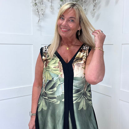 Nala: Khaki green tropical print maxi dress. One size 12-16
