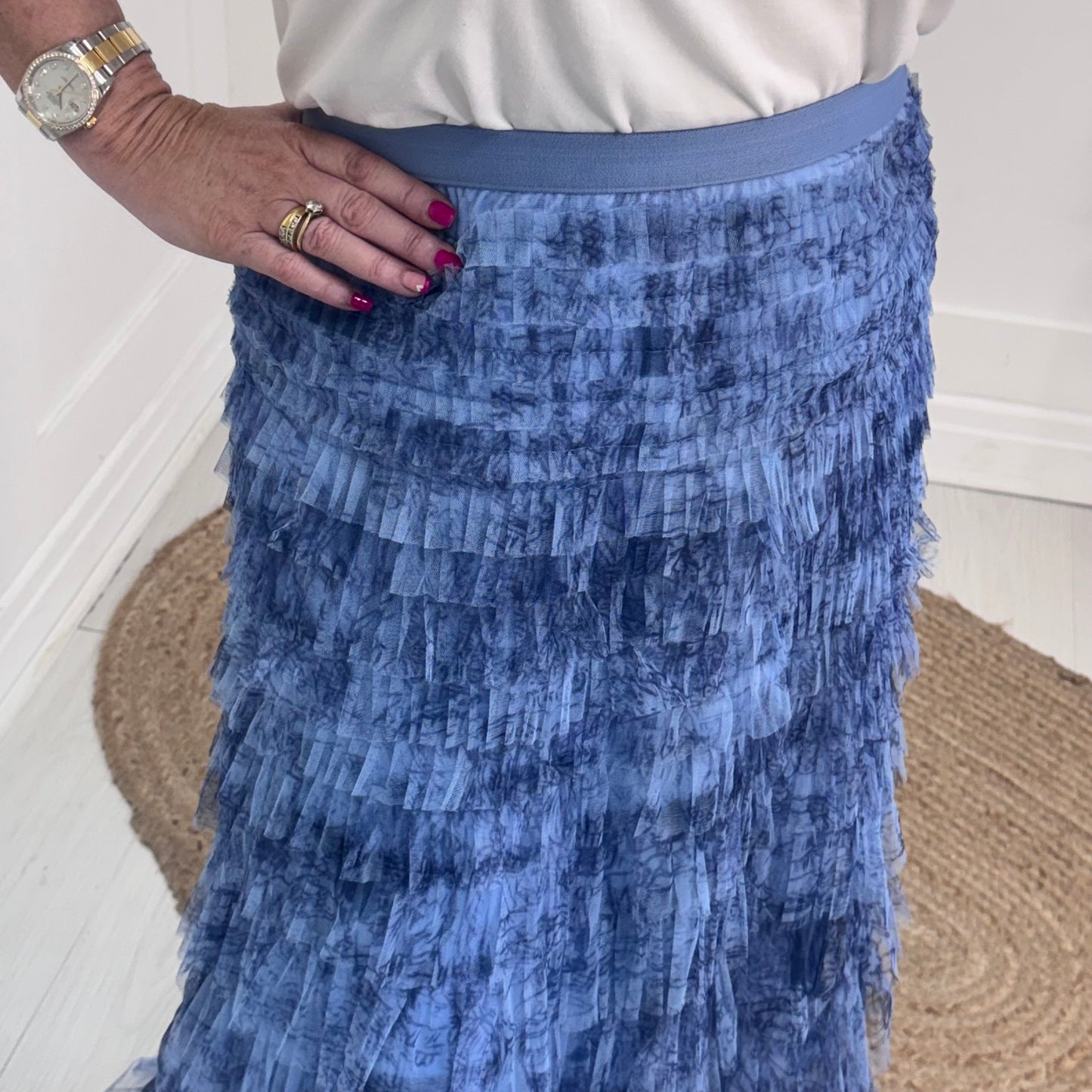 Tiffany: Tulle blue net multi layer midi skirt. One size 8-18