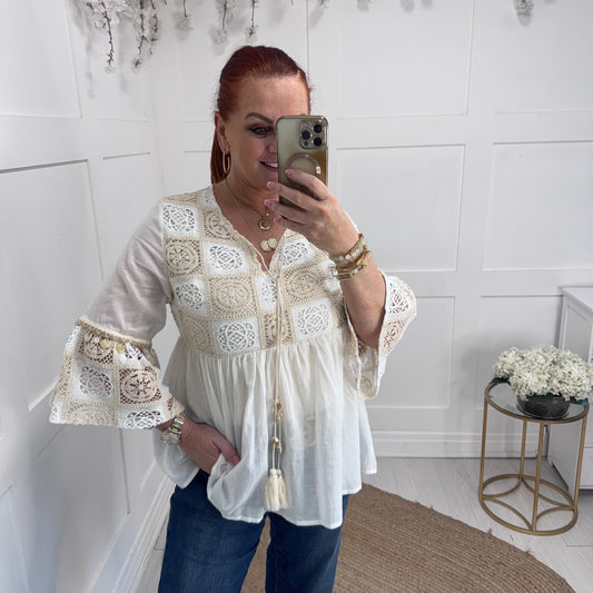 Rosie: Cream crochet & shell smock top. One size: 8-14
