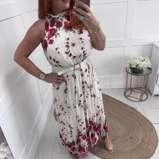 Carla: White & red floral pleated midi dress. One size 16-20/22