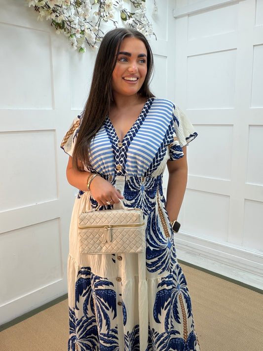 Pasha: Blue palm tree print V neck stretchy maxi dress. One size: 10-18