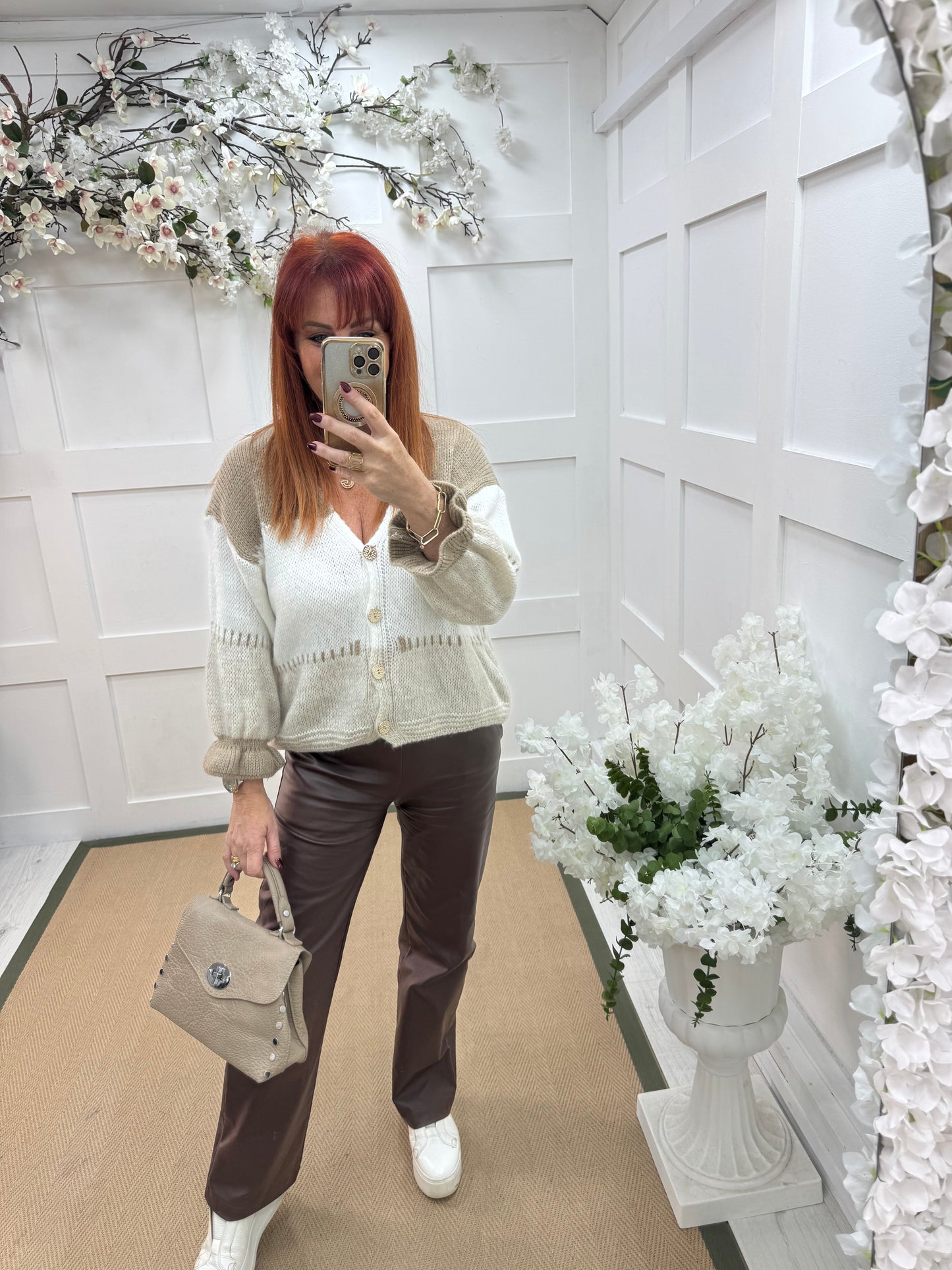 Sophia: Cream & mocha knit cardigan. One size: 12-18