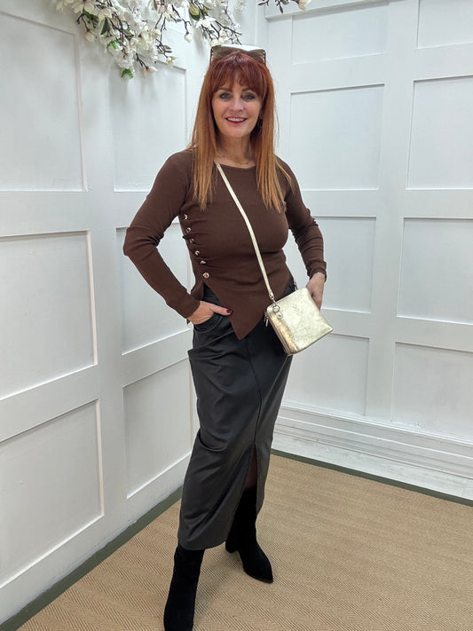Audra: Brown ruched gold button top. 2 sizes