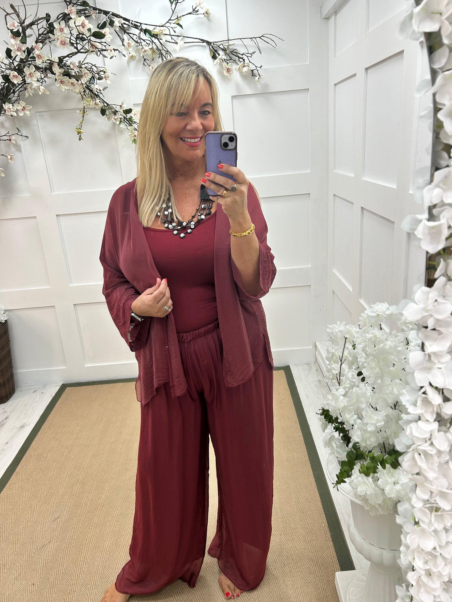 Venice: Burgundy silk wide leg trousers. One size: 12-20