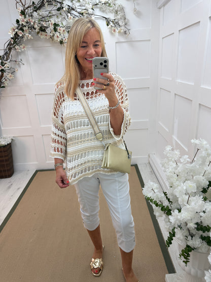Olivia: 3/4 sleeve stripe holey open knit top. One Sz: 12-18. 3 colours