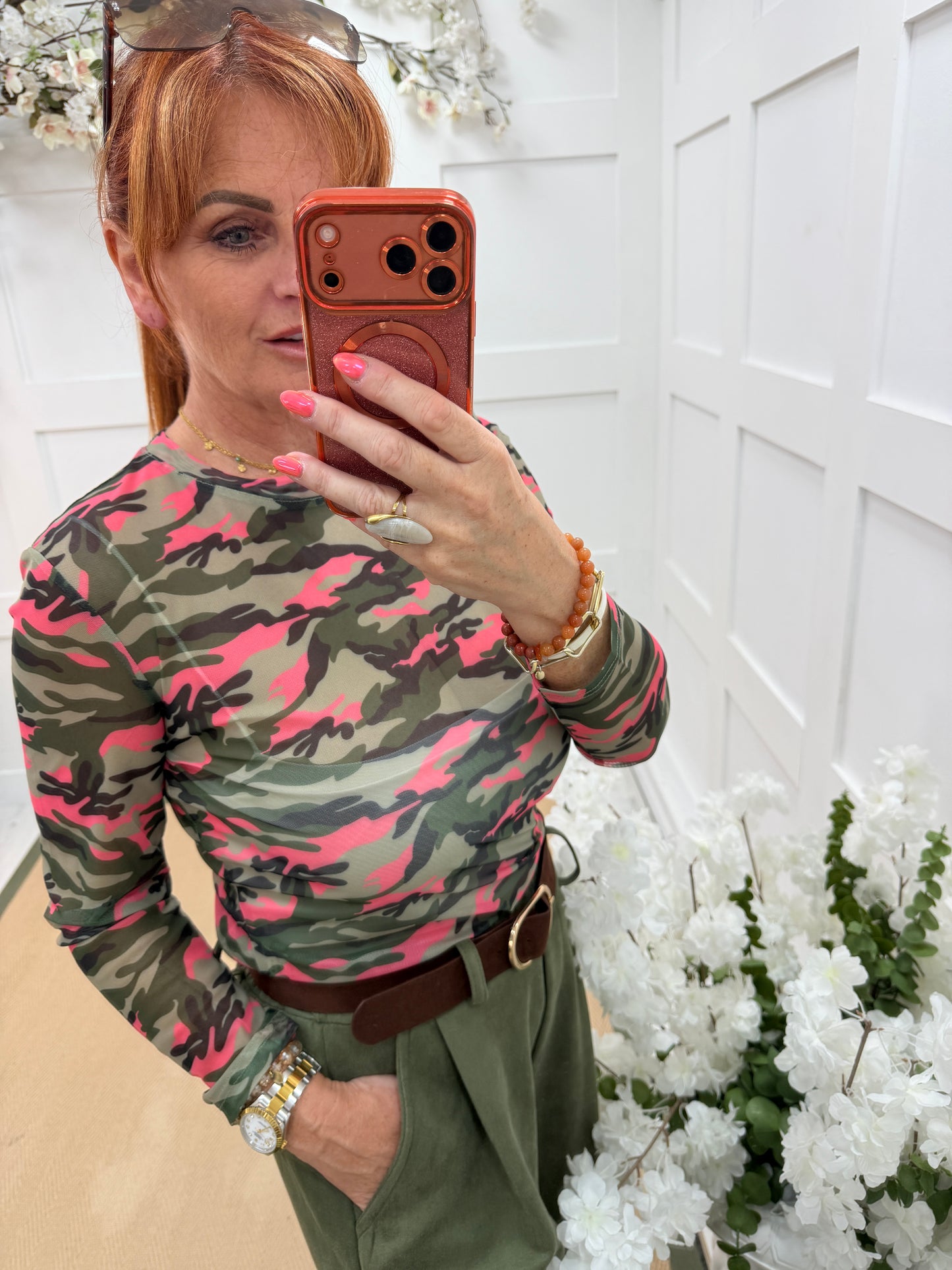 Maddox: Camo print sheer mesh top. 10-18. 2 colours