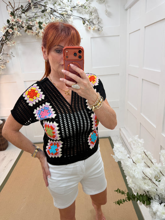 Gemma: Black crochet V neck short sleeve crochet top. One size: 8-12