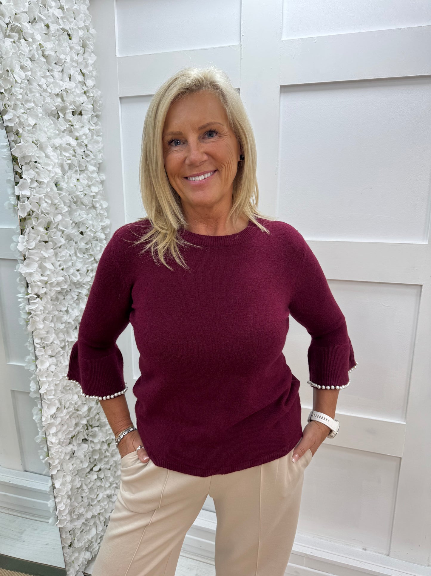 Julia: Burgundy pearl sleeve fitted top. One size 10-14