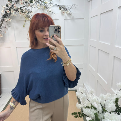 Sierra: Blue batwing fluted sleeve knitted top. One Size 12-18/20