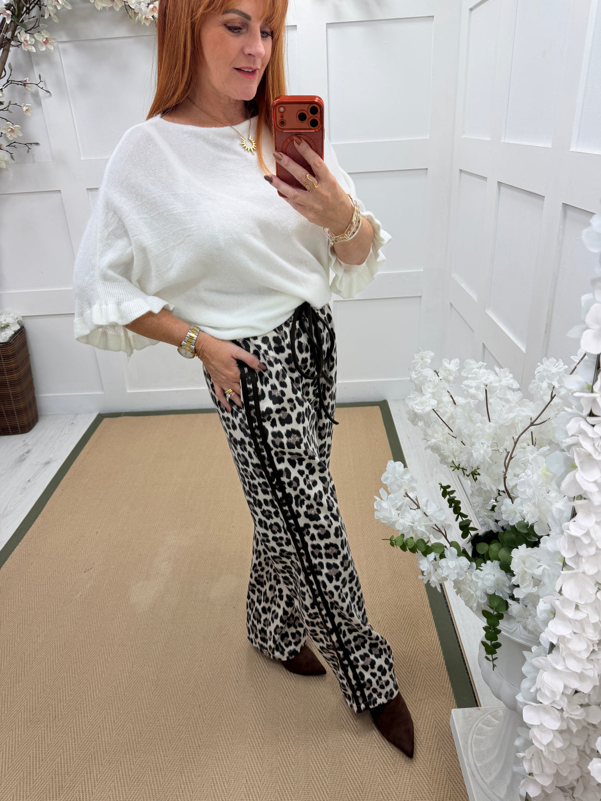 Liza: Leopard print sports stripe trousers. One size: 10-16. 2 colours