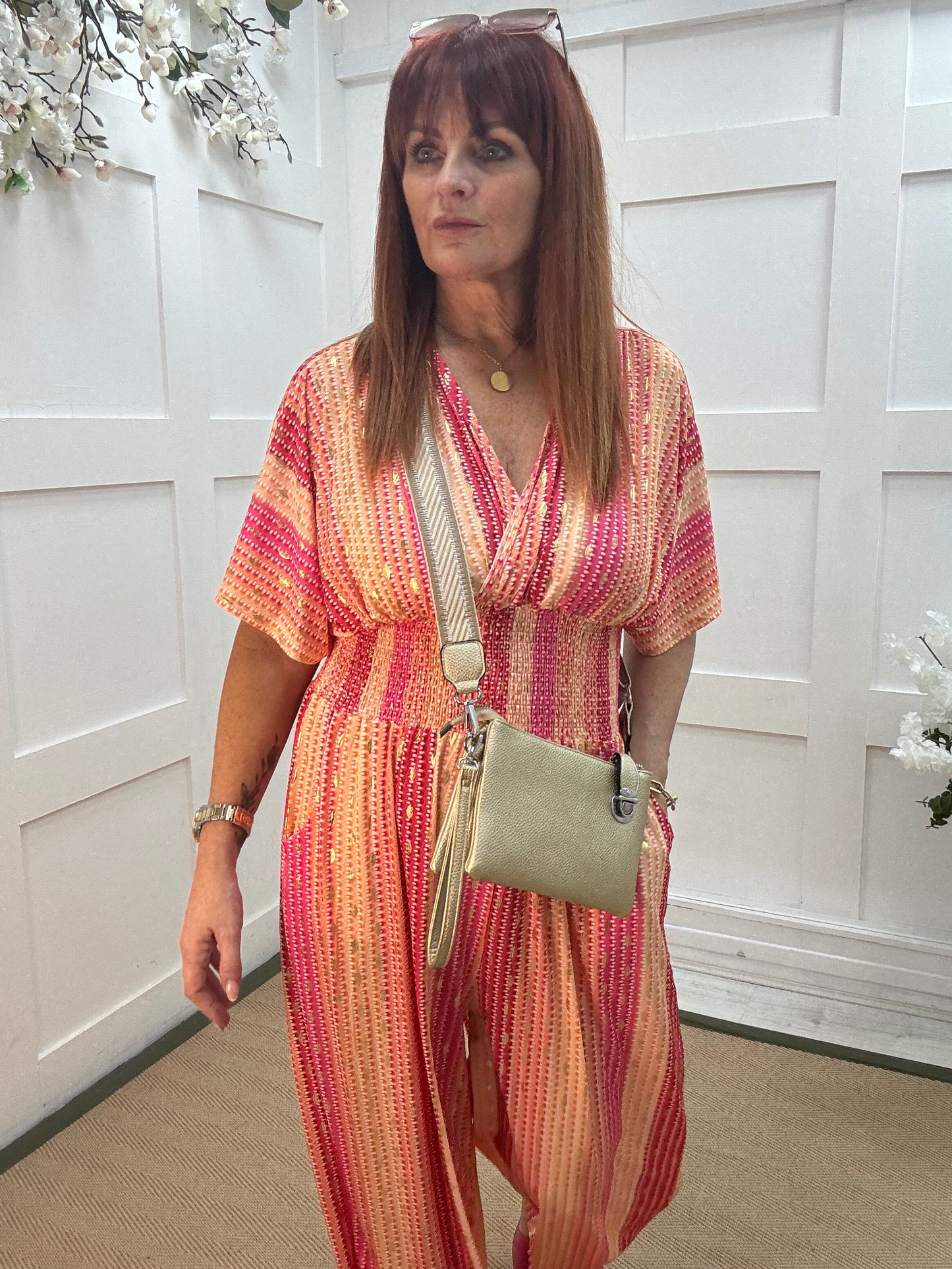 Gia: Pink and gold speckle wide leg jumpsuit. One size: 12-18