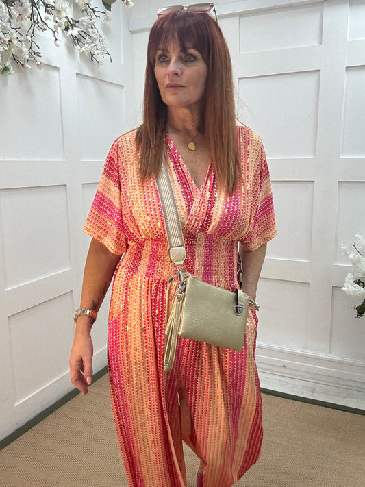 Gia: Pink and gold speckle wide leg jumpsuit. One size: 12-18