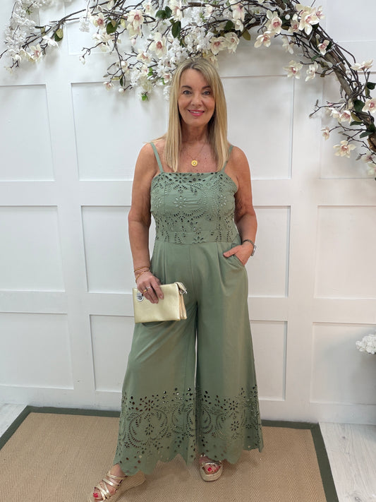Allegra: Khaki Broderie Anglaise wide leg jumpsuit. 2 sizes
