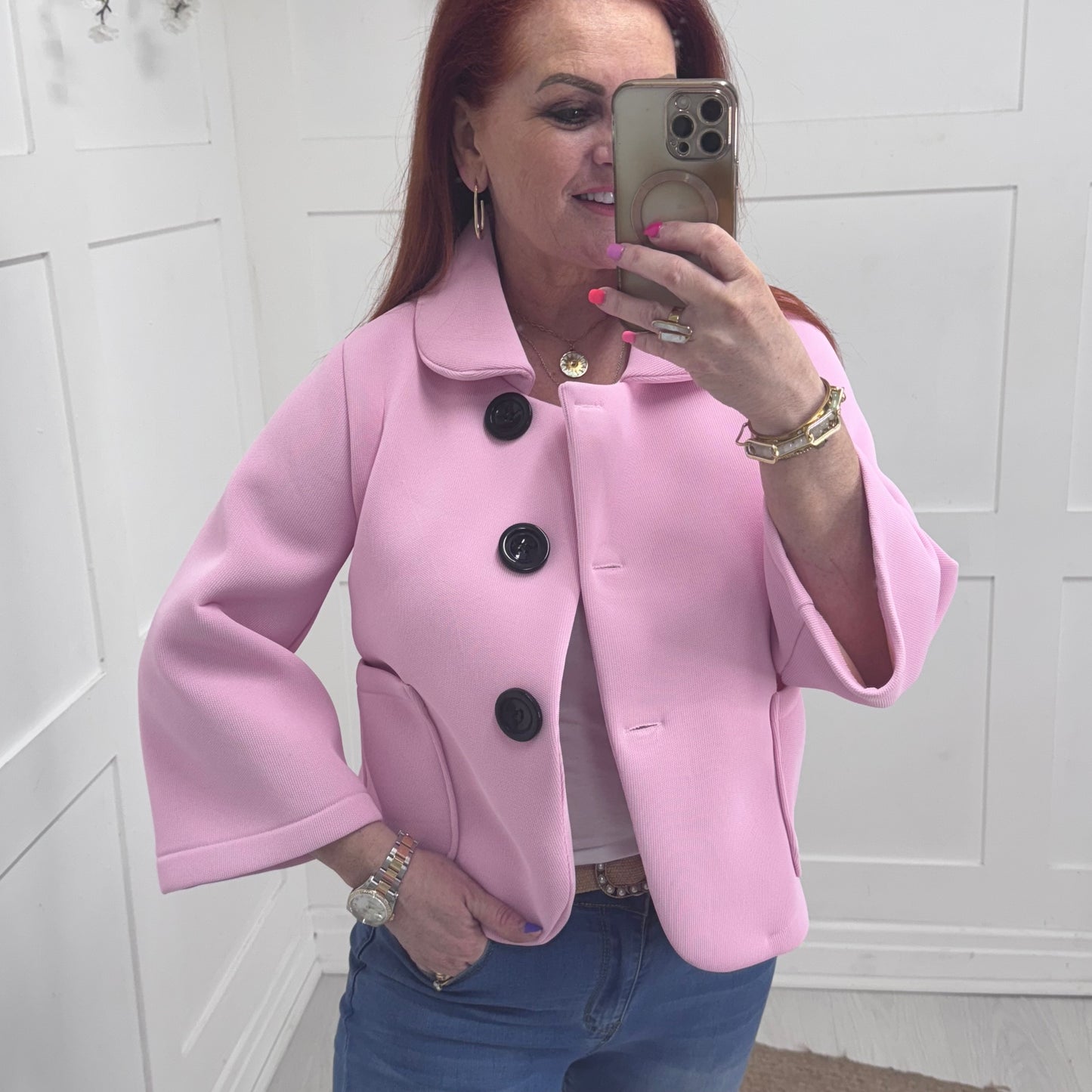 Margot: Pink short large button jacket. One size: 10-16