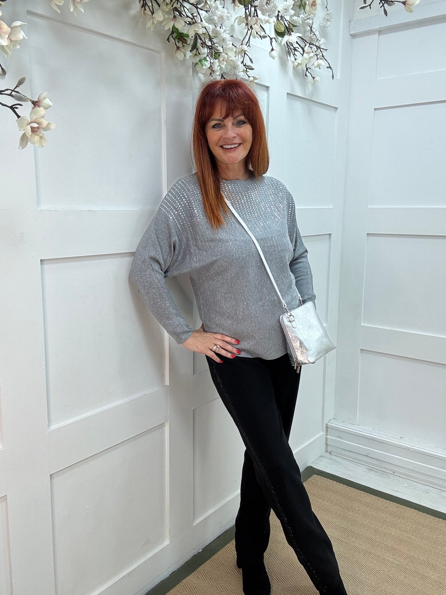 Arabella: Grey diamanté long sleeve top. One size: 12-16