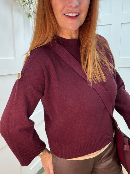 Lorna: Burgundy gold button knitted top. One Sz: 10-16