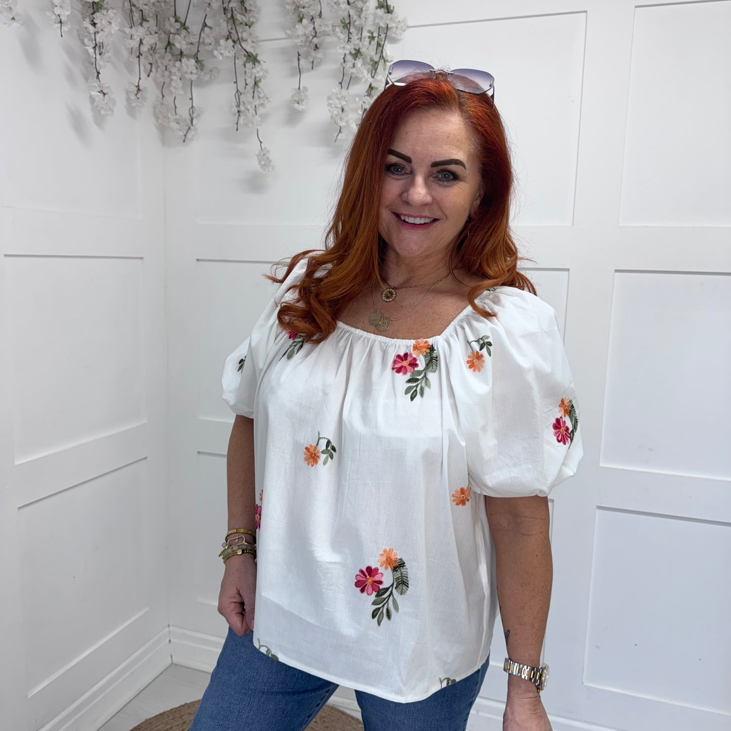 Georgie: White floral embroidered Bardot top. 2 sizes