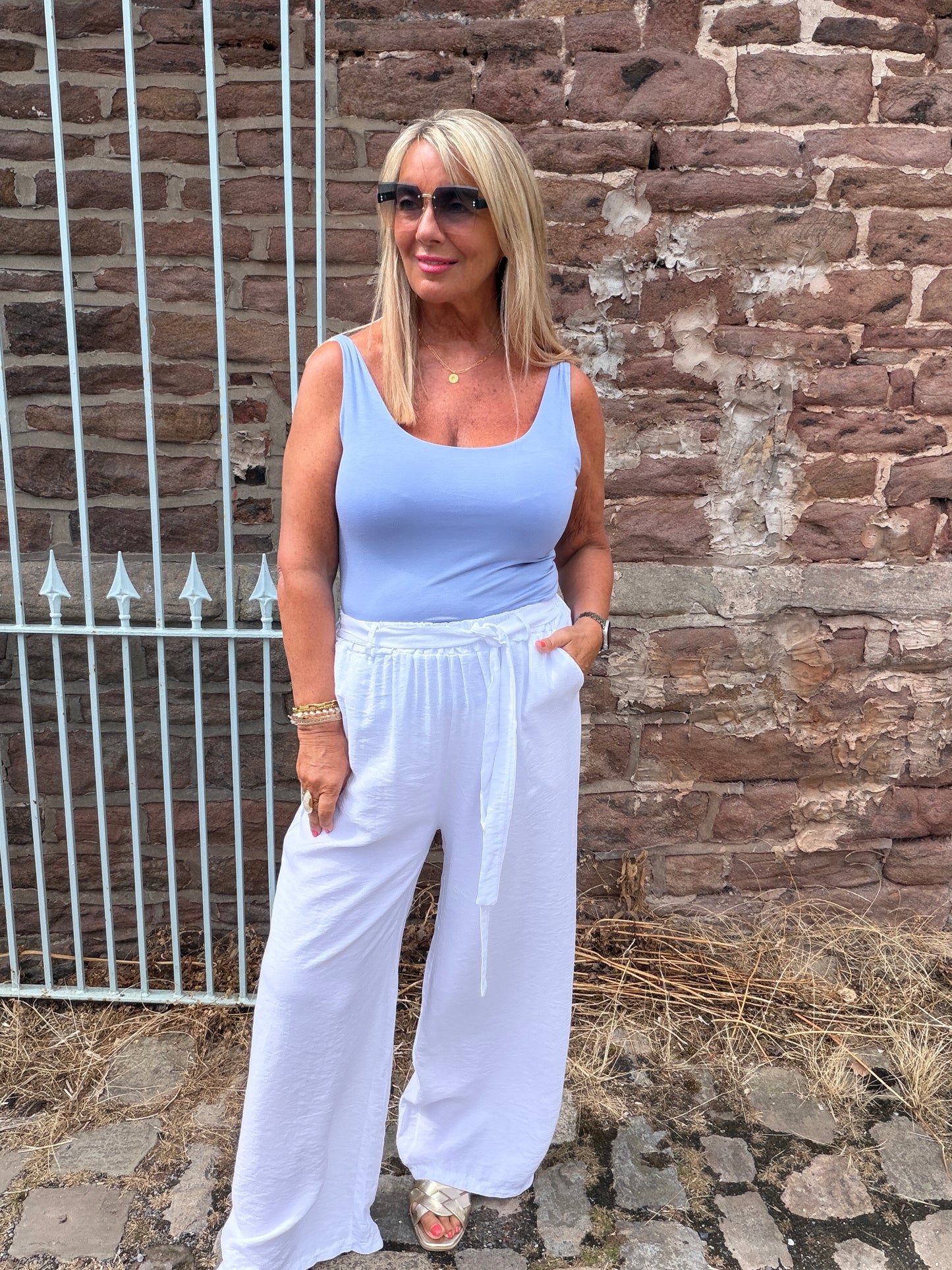 Lindy: Tie waist wide leg trousers. One size: 12-18. 4 colours
