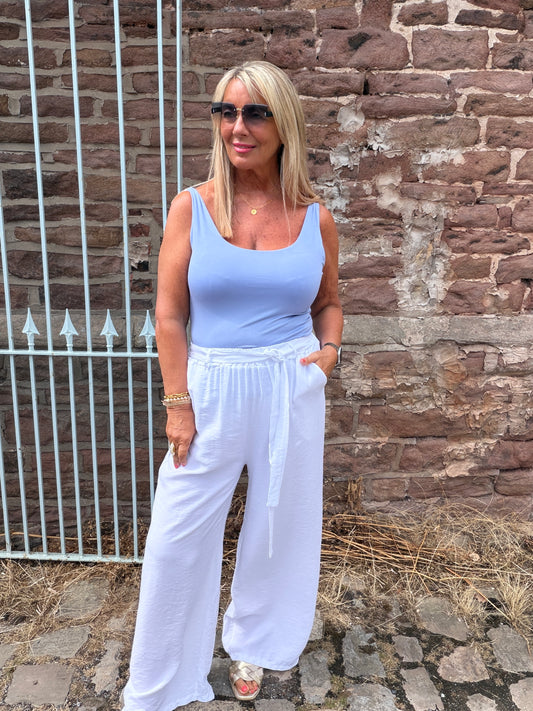 Lindy: Tie waist wide leg trousers. One size: 12-18. 4 colours